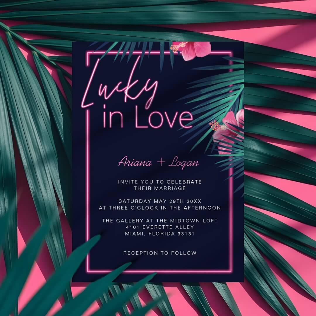 Lucky In Love Neon Pink Tropical Retro Wedding Invitation