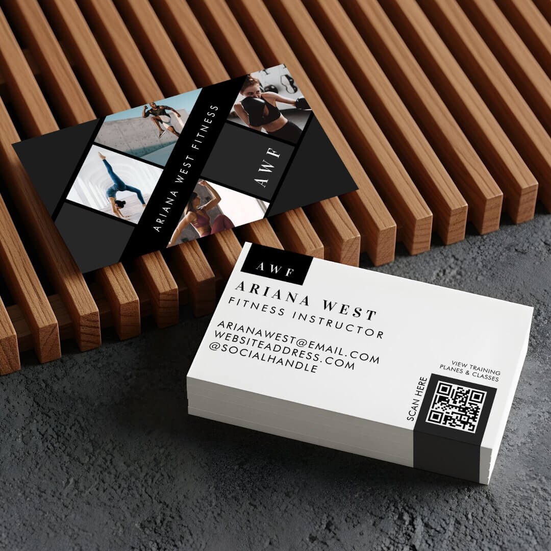 Modern Four Photo Collage Personal Trainer Fitness Black Business Card