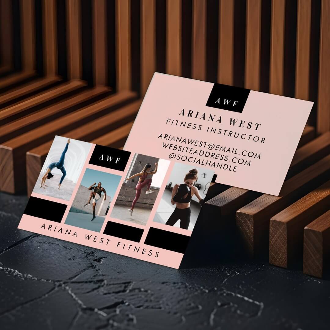 Modern Four Photo Collage Personal Trainer Fitness Horizontal Pink Business Card