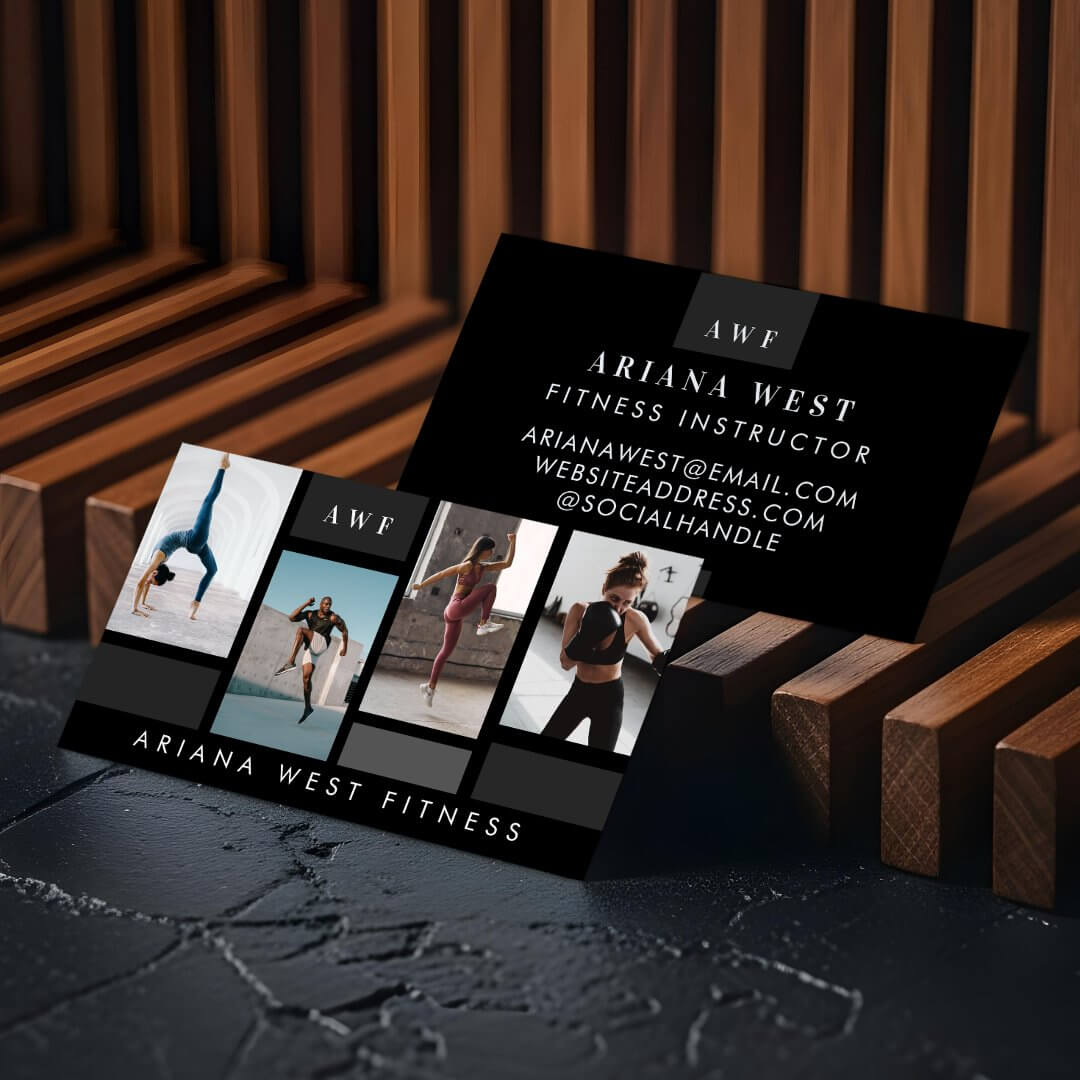 Modern Four Photo Collage Personal Trainer Fitness Horizontal Black Business Card