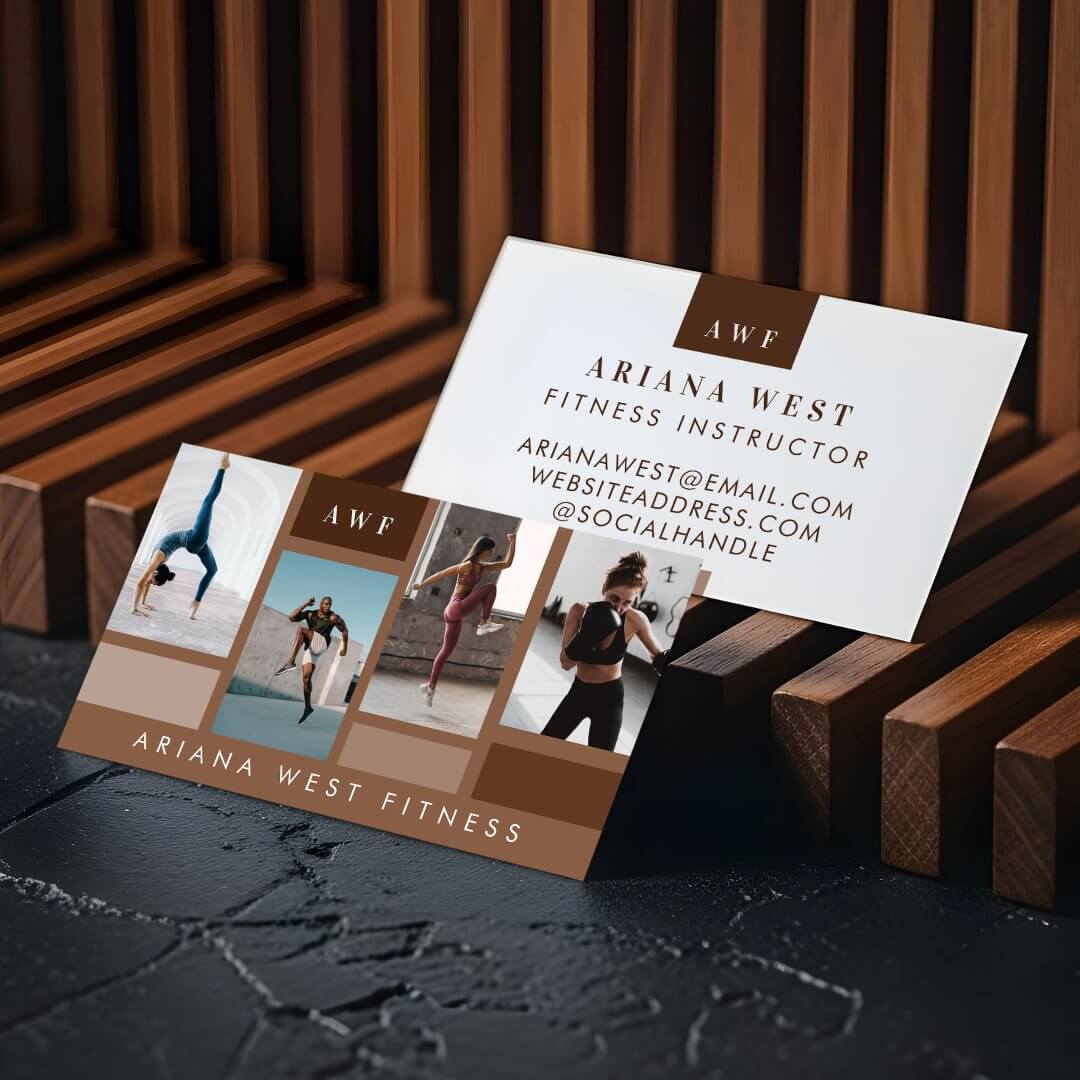 Modern Four Photo Collage Personal Trainer Fitness Horizontal Brown Business Card