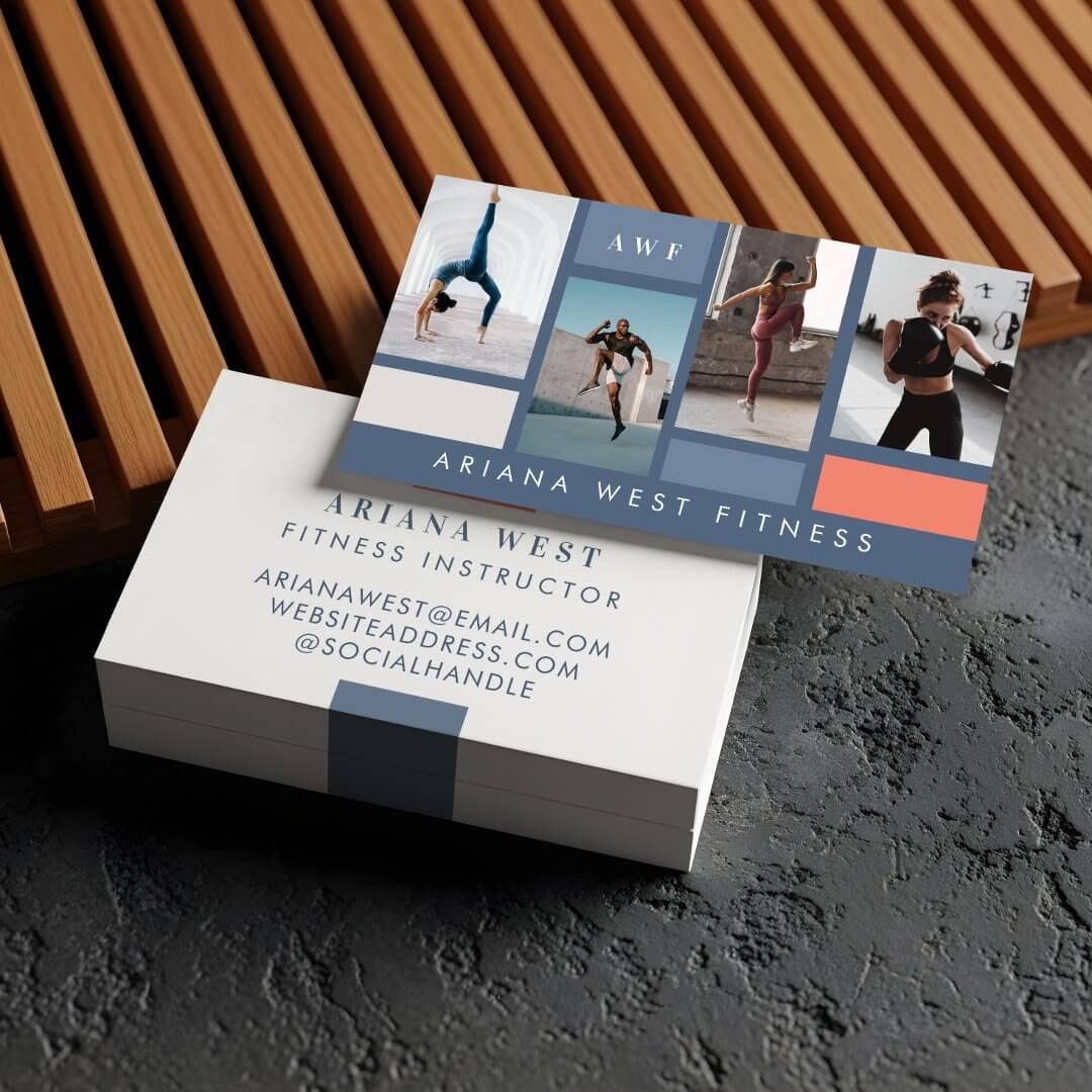 Modern Four Photo Collage Personal Trainer Fitness Horizontal Blue Business Card