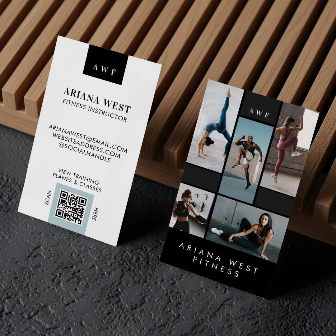 Modern Four Photo Collage Personal Trainer Fitness Vertical Black Business Card