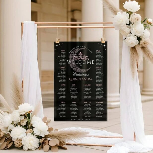 Moon Stars Tiara Black Quinceañera Black Seating Chart Acrylic Sign