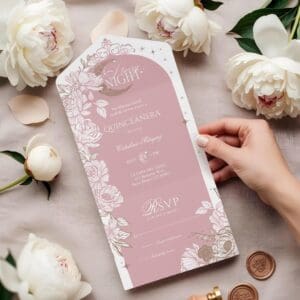 Starry Night Quinceanera Floral Celestial Moon All In One Pink Invitation