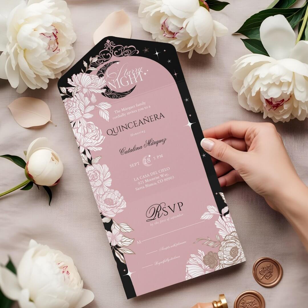 Starry Night Quinceanera Floral Celestial Moon All In One Pink Black Invitation