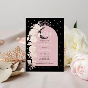 Starry Night Quinceanera Floral Celestial Moon Foil Black Invitation
