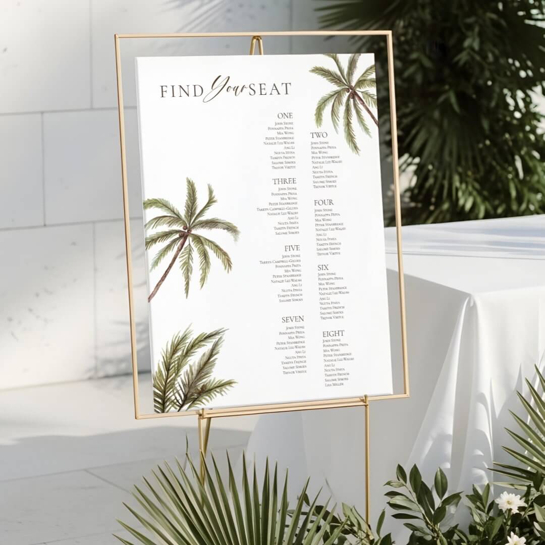 Topical Watercolor Palm Tree Wedding Eight Seating Chart Vertical Foam Board