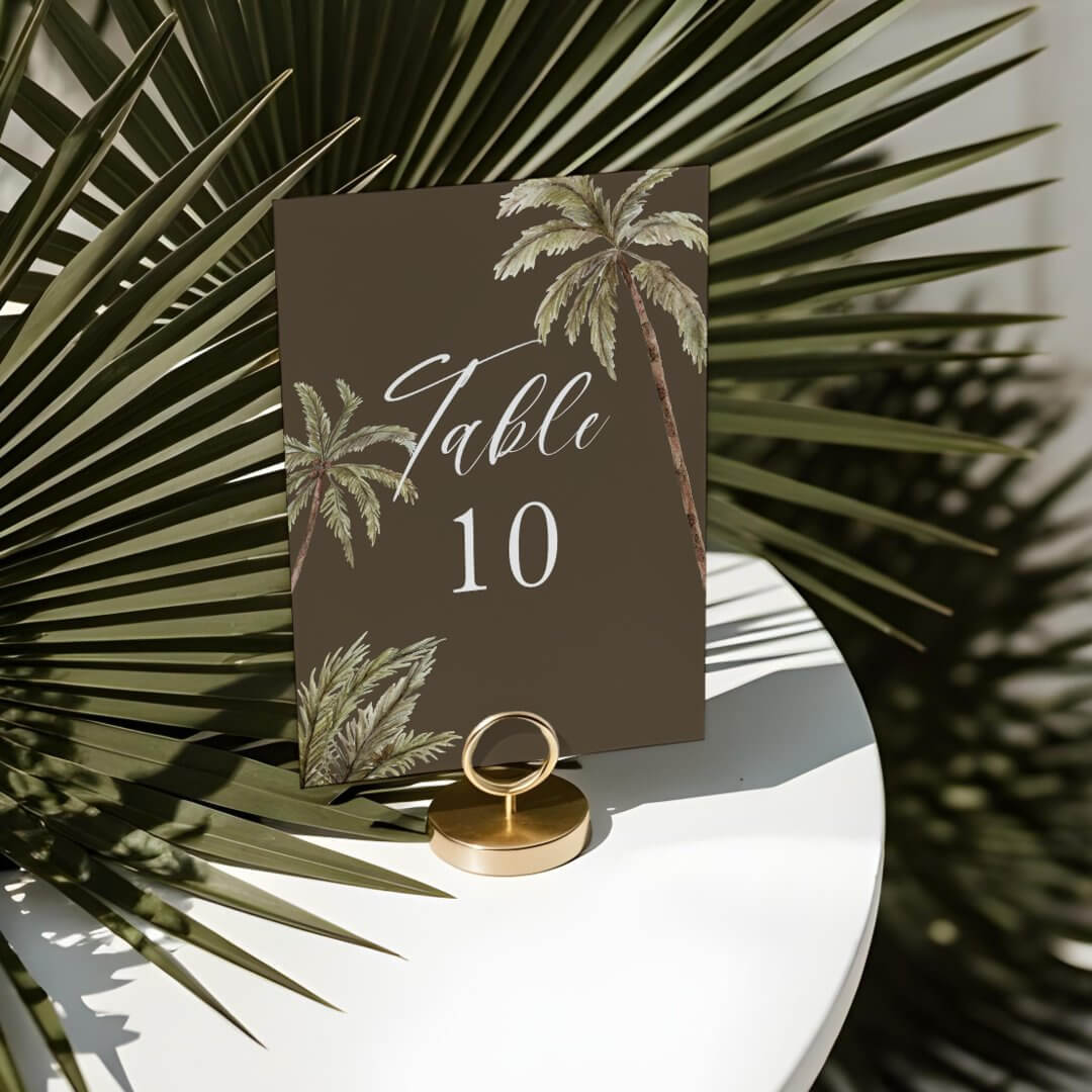 Tropical Watercolor Palm Trees Bohemian Wedding Table Number