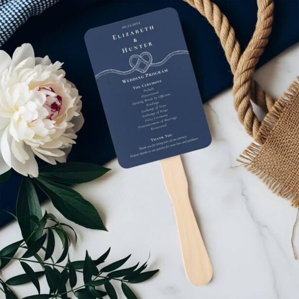 Tying The Knot Rope Heart Navy Wedding Program Hand Fan