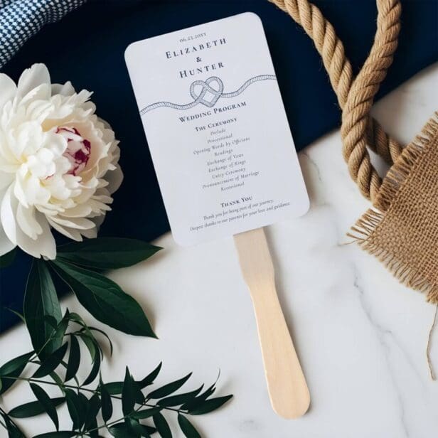 Tying The Knot Rope Heart White Wedding Program Hand Fan