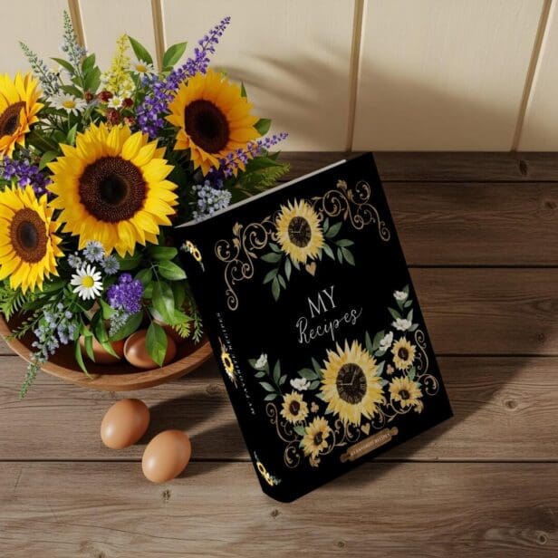 Watercolor Sunflowers Script My Recipe 3 Ring Binder