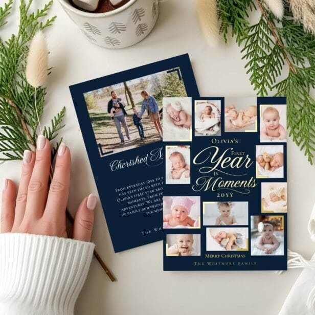 Baby First Year in Moments Minimal Photo Collage Foil Navy Holiday Card