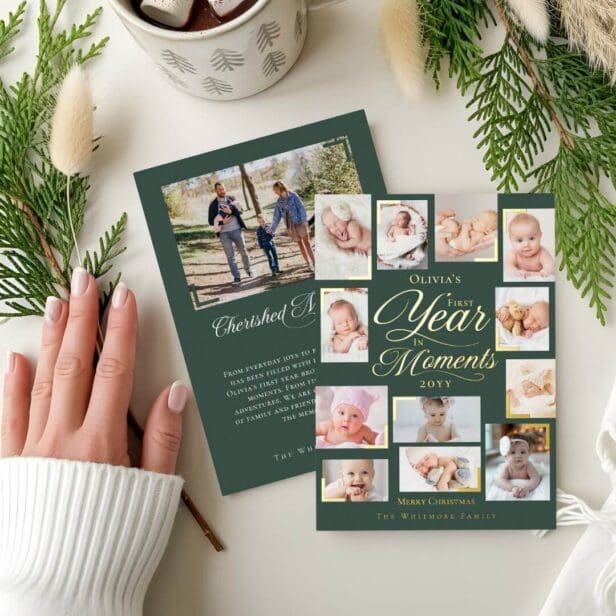 Baby First Year in Moments Minimal Photo Collage Foil Green Holiday Card