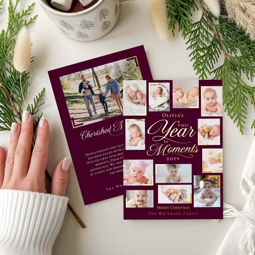 Baby First Year in Moments Minimal Photo Collage Foil Burgundy Holiday Card