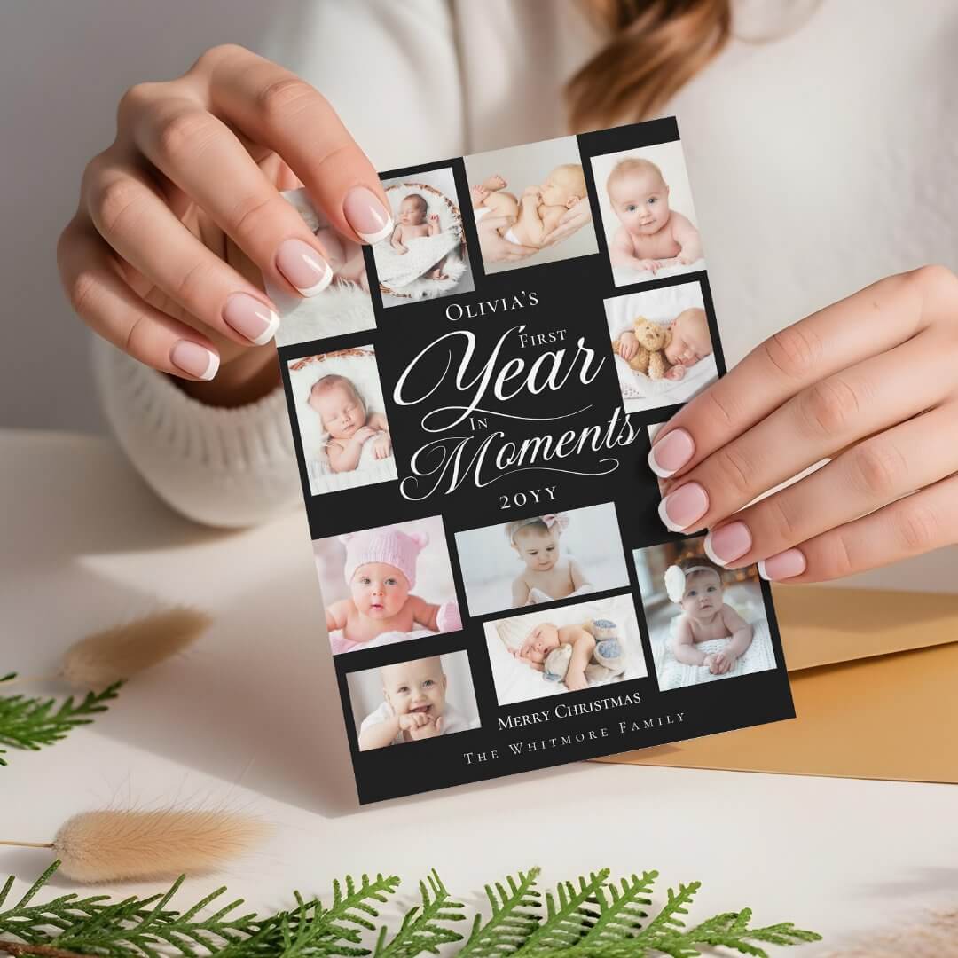 Baby First Year in Moments Minimal Photo Collage Black Holiday Card