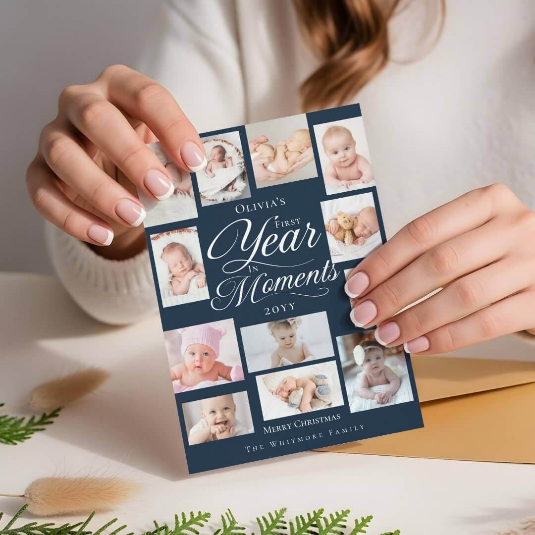 Baby First Year in Moments Minimal Photo Collage Navy Holiday Card