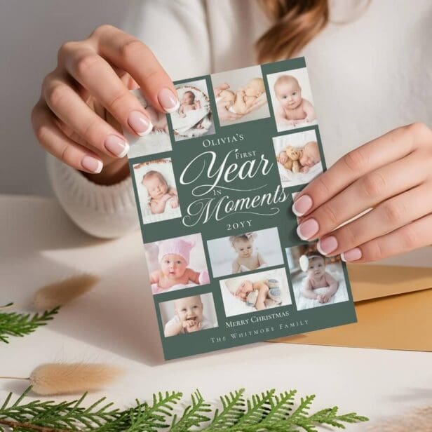 Baby First Year in Moments Minimal Photo Collage Green Holiday Card