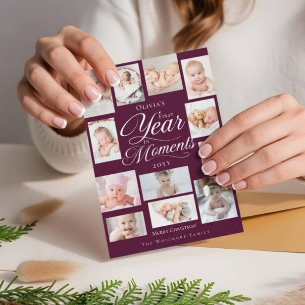 Baby First Year in Moments Minimal Photo Collage Burgundy Holiday Card