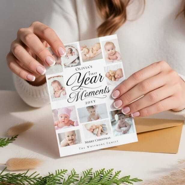 Baby First Year in Moments Minimal Photo Collage White Holiday Card