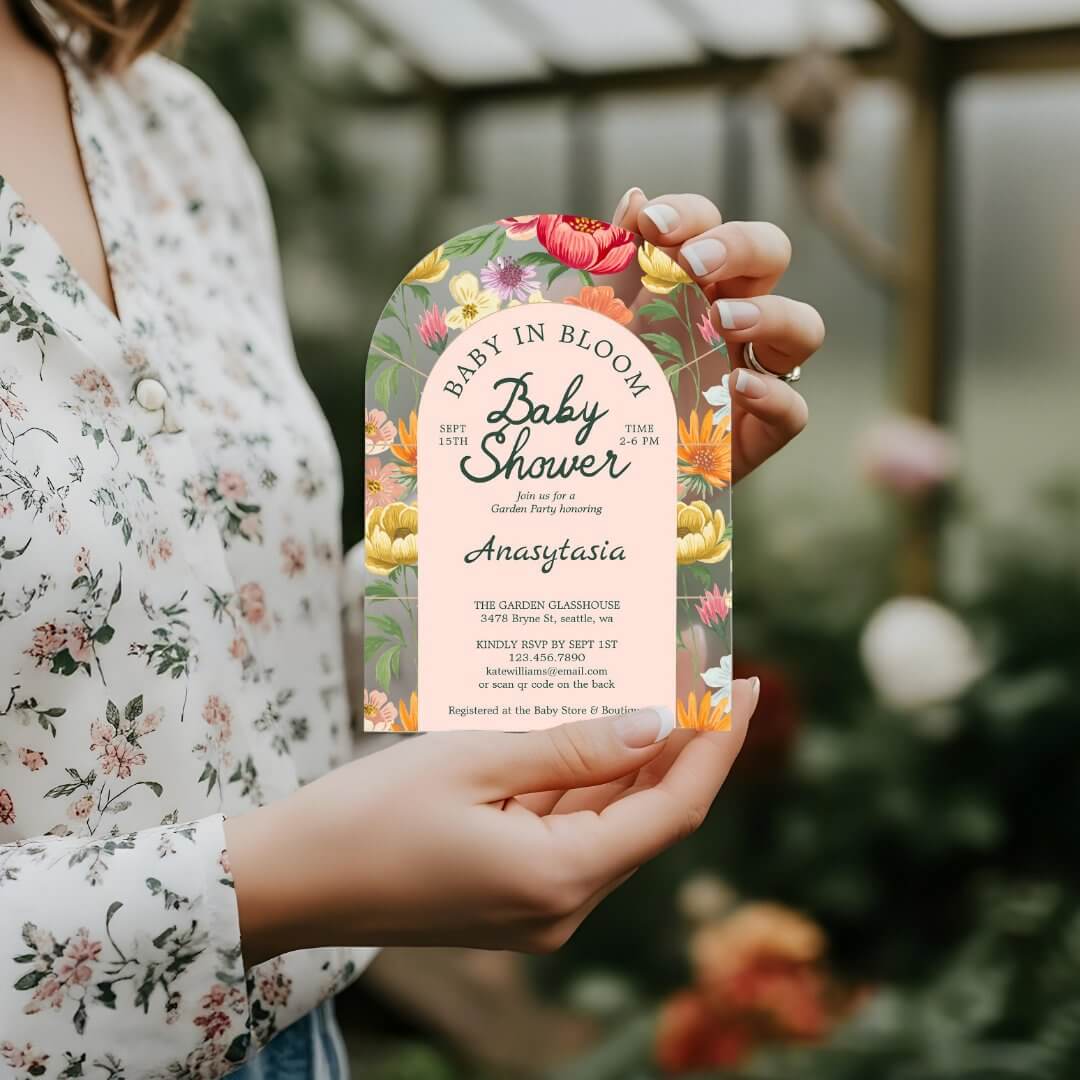 Baby in Bloom Arch Bold Floral Garden Baby Shower Acrylic Invitations