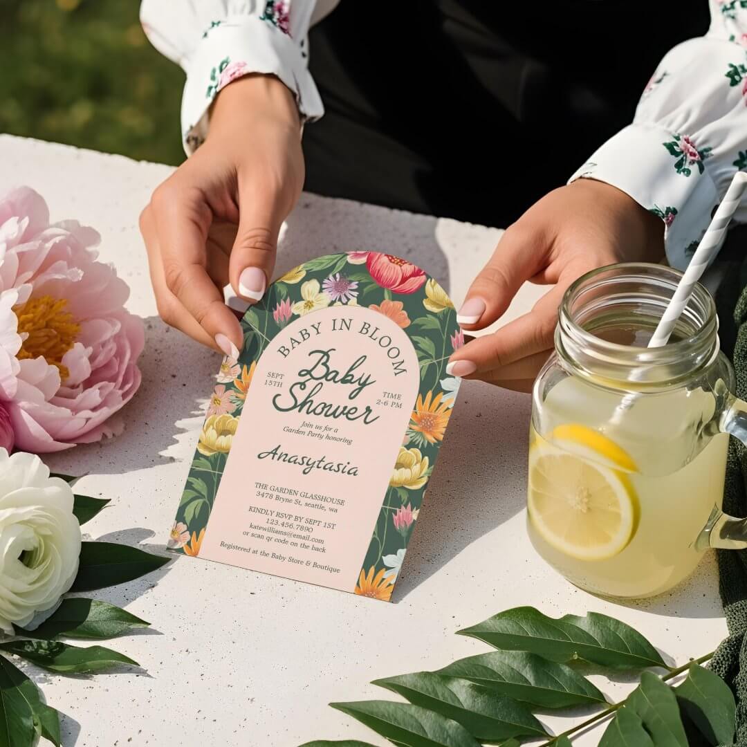 Baby in Bloom Arch Bold Floral Garden Baby Shower Invitation
