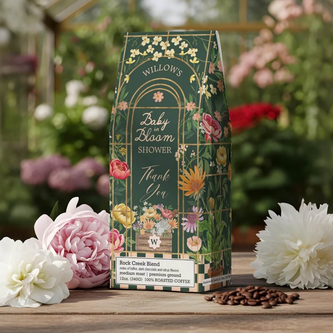 Baby in Bloom Baby Shower Floral Garden Greenhouse Roasted Coffee