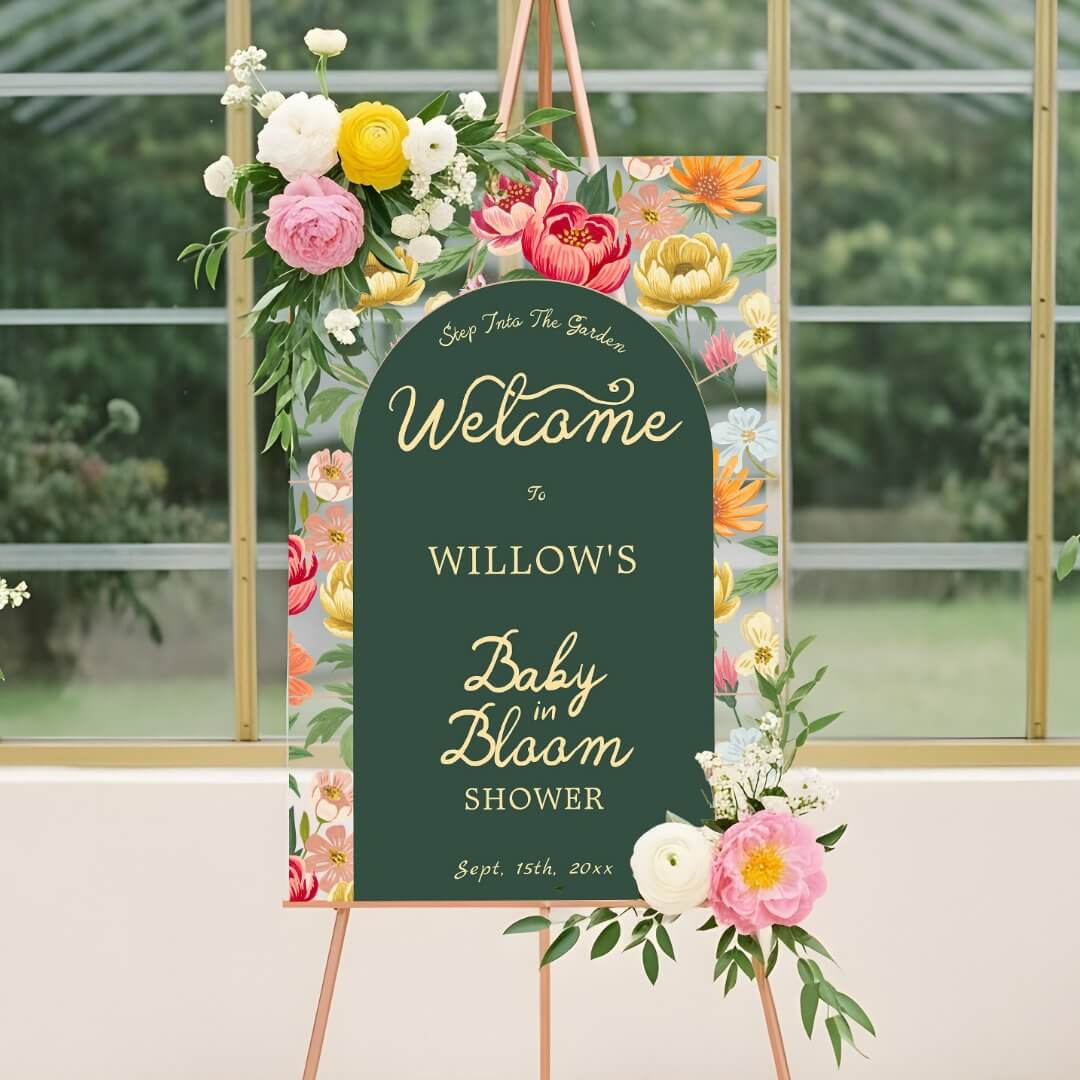 Step into the garden — there’s a baby in bloom! This charming Baby in Bloom floral baby shower acrylic welcome sign is part of our exclusive Baby in Bloom: Greenhouse Garden Baby Shower collection, featuring hand-painted gouache artwork by Moodthology Papery. A whimsical variety of florals and garden blooms, and a terrarium-style greenhouse. All painted with warmth and texture in our signature gouache style. Perfect for moms-to-be who love florals, blooms, gardens, and a touch of whimsy! hand-painted gouache artwork & design by © Moodthology Papery.