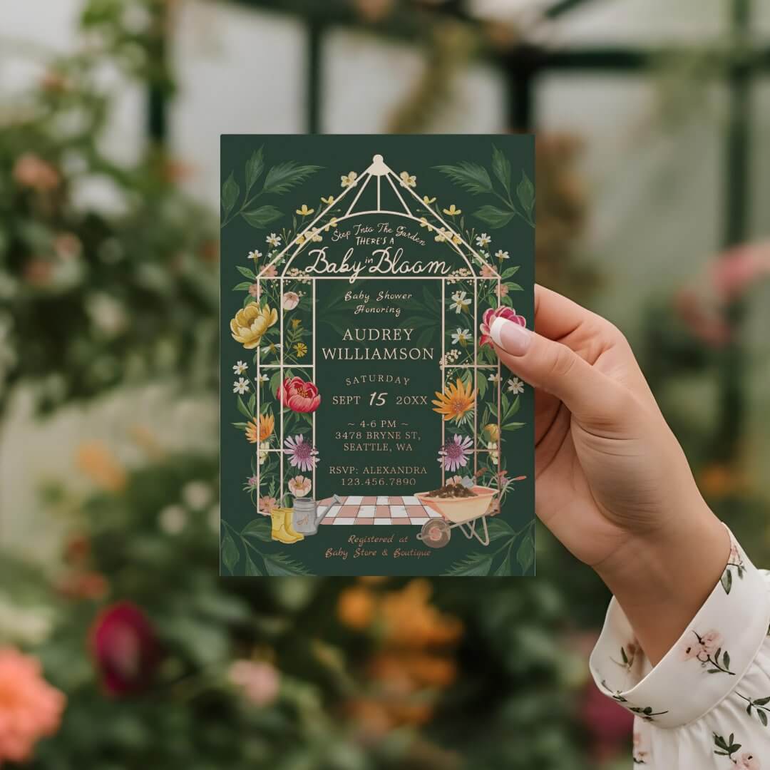 Baby in Bloom Floral Garden Greenhouse Baby Shower Foil Invitation