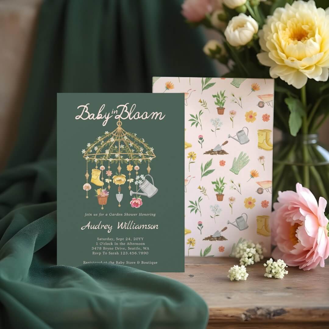 Baby in Bloom Garden Greenhouse Mobile Baby Shower Invitation
