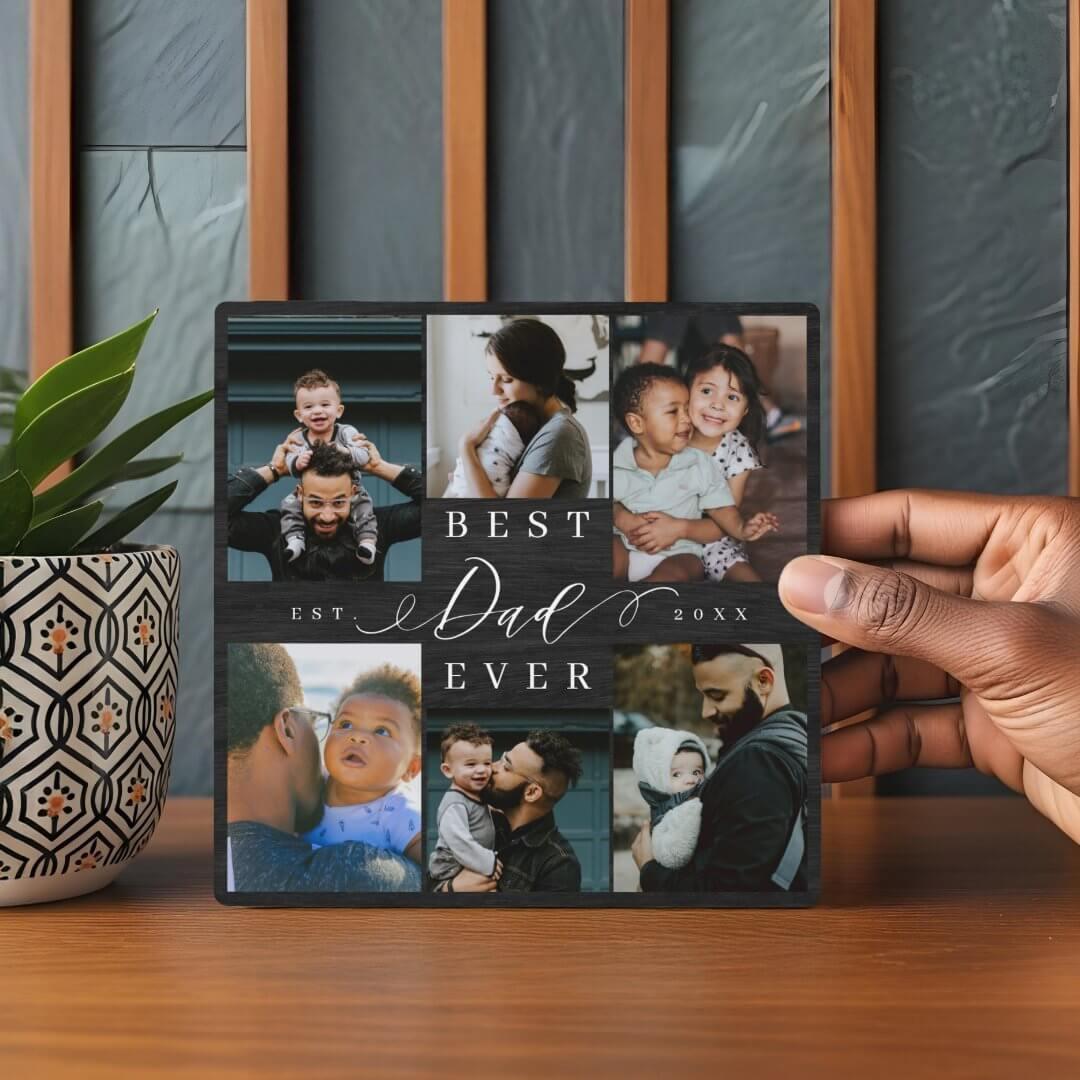 Best Dad Ever Father's Day Photo Collage Black Woodgrain Square Plaque