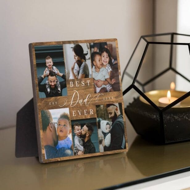 Best Dad Ever Father's Day Photo Collage Woodgrain Square Plaque