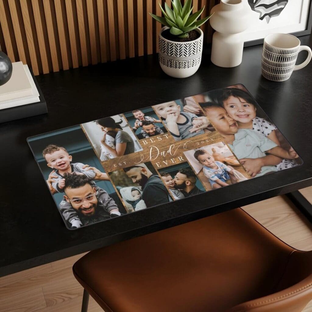 Best Dad Ever Gift Rustic Woodgrain Photo Collage Desk Mat
