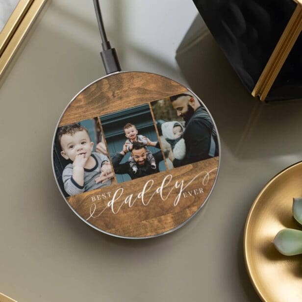 Best Daddy Ever Woodgrain Fathers Day Family Photo Wireless Charger