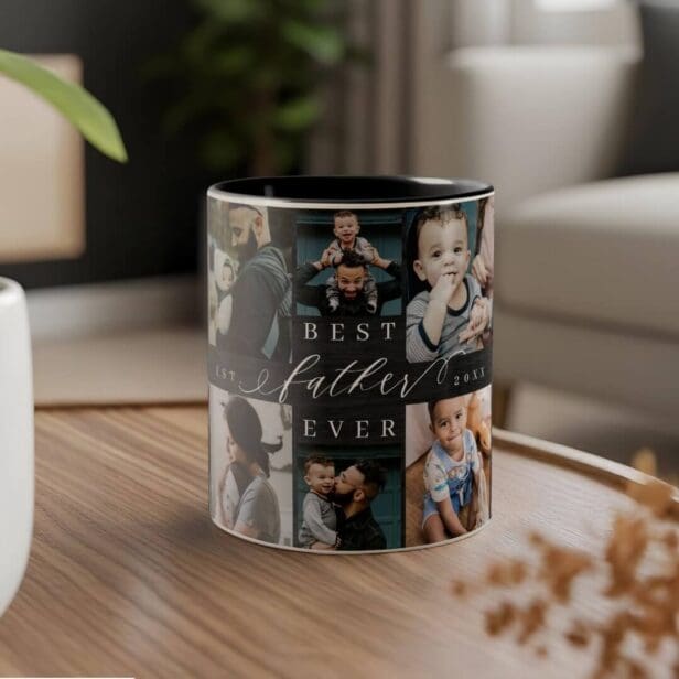 Best Father Ever Black Woodgrain Photo Collage Two-Tone Coffee Mug