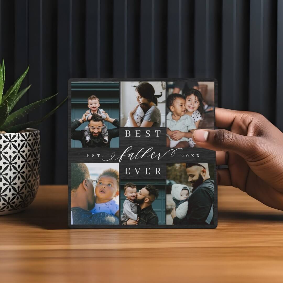 Best Father Ever Father's Day Photo Collage Black Woodgrain Square Plaque