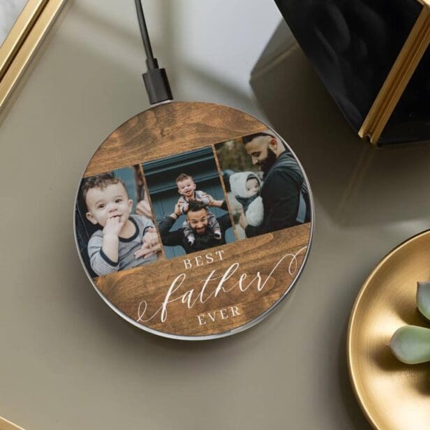 Best Father Ever Woodgrain Father Day Family Photo Wireless Charger