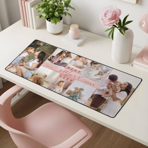 Best Mom Ever Family Photo Collage Pink Woodgrain Desk Mat