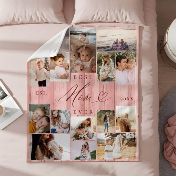 Best Mom Ever Family Photo Collage Pink Woodgrain Fleece Blanket