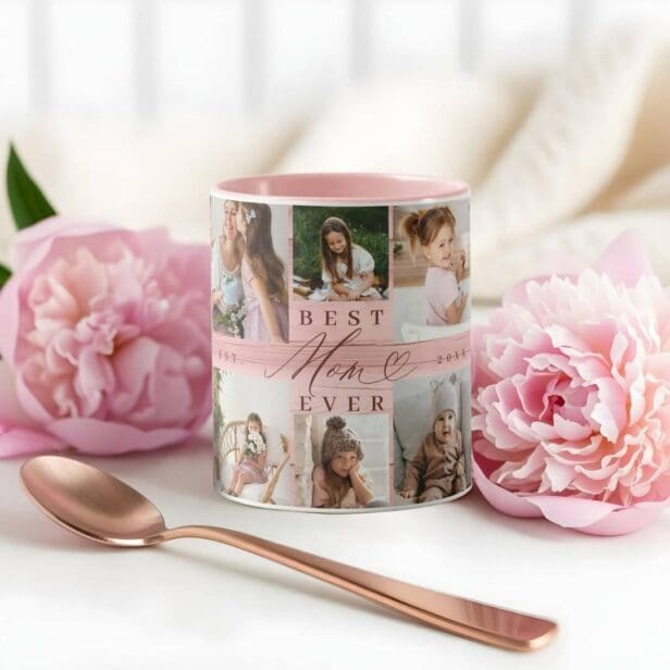 Best Mom Ever Family Photo Collage Pink Woodgrain Mug