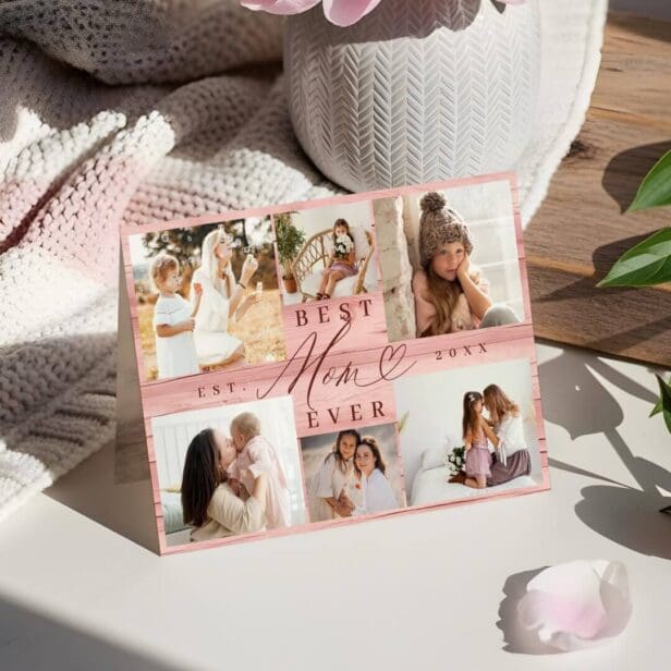 Best Mom Ever Photo Collage Pink Woodgrain Card