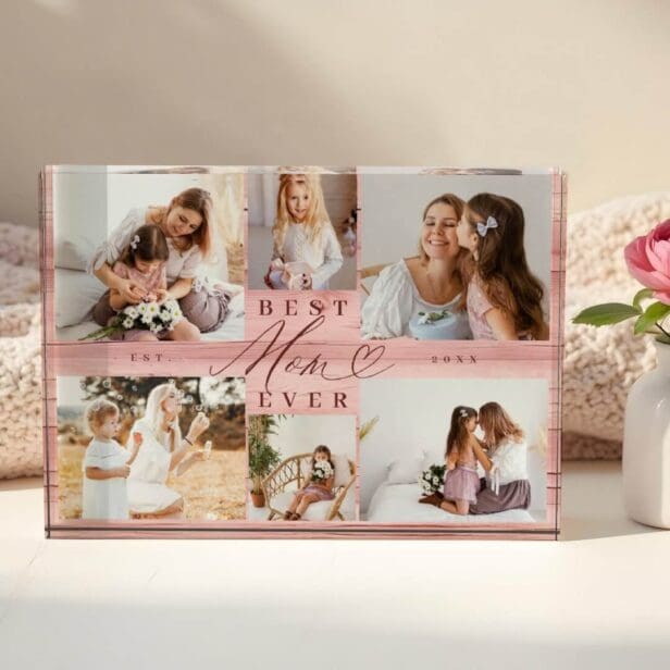 Best Mom Ever Pink Woodgrain Collage Keepsake Photo Block