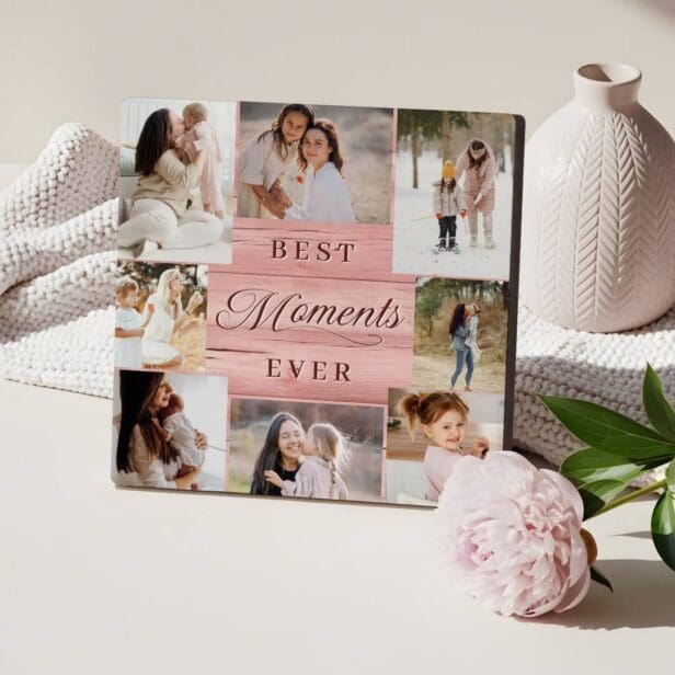 Best Moments Ever Photo Collage Pink Woodgrain Plaque