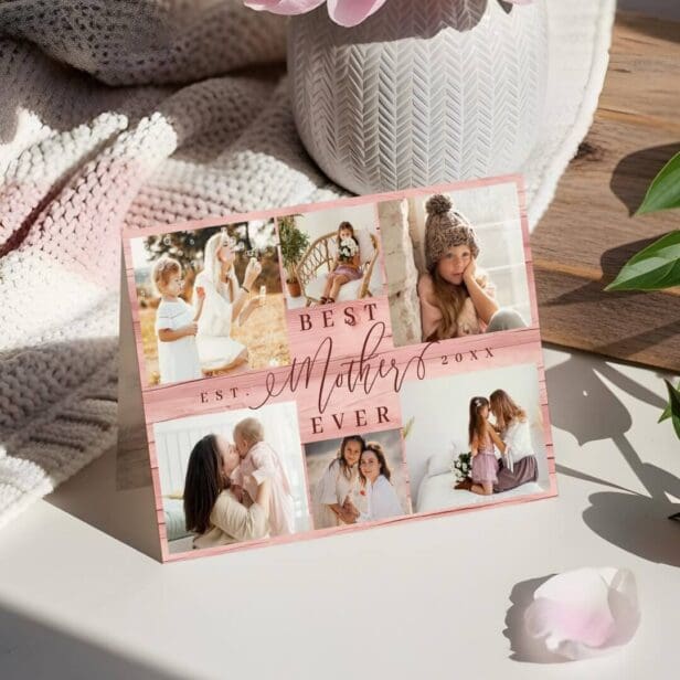 Best Mother Ever Photo Collage Pink Woodgrain Card
