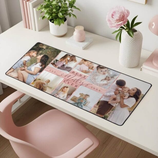 Best Mother Ever Photo Collage Pink Woodgrain Desk Mat