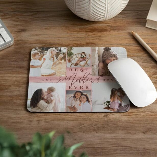 Best Mother Ever Photo Collage Pink Woodgrain Mouse Pad