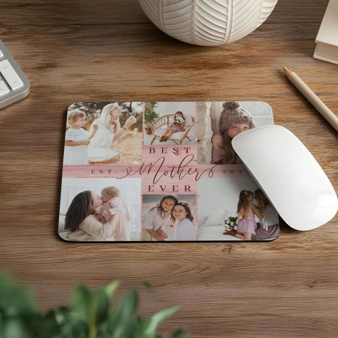 Best Mother Ever Photo Collage Pink Woodgrain Mouse Pad