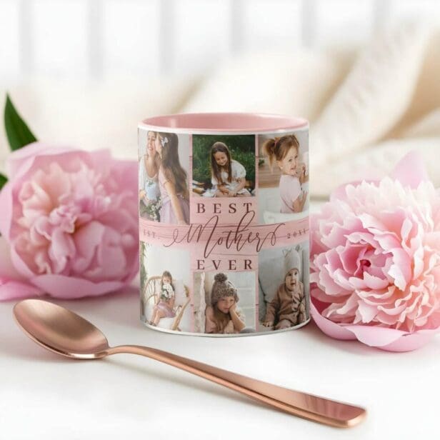 Best Mother Ever Photo Collage Pink Woodgrain Mug