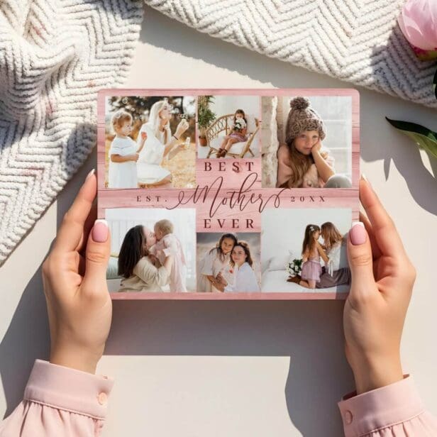 Best Mother Ever Photo Collage Pink Woodgrain Plaque