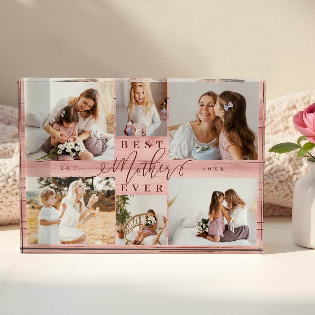 Best Mother Ever Pink Woodgrain Collage Keepsake Photo Block